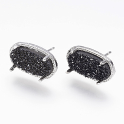 Black Natural Druzy Agate Stud Earrings, with Real Platinum Plated Brass Findings, Oval, Dyed, Black, 15x9mm, Pin: 1mm