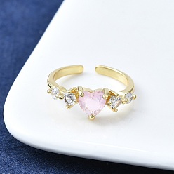 Настоящее золото 16K Открытые манжеты из латуни с микропаве и цирконием для женщин, без кадмия и без свинца, сердце, реальный 16 k позолоченный, 7 мм, внутренний диаметр: 17 мм