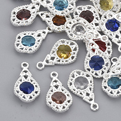 Silver Faceted Glass Pendants, with Eco-Friendly Alloy Open Back Settings, Nickel Free, Teardrop, Mixed Color, Silver, 19.5x11x3.5mm, Hole: 1.6mm