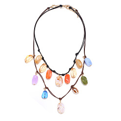 Coloré Colliers plastrons double couche en cordon de cuir avec pendentif en résine bohème et pépites de résine pour femmes, or et de lumière, colorées, 19.88~22.83 pouce (50.5~58 cm), environ 2 pcs / ensemble