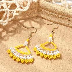 Clear Seed Glass Woven Dangle Earrings, Fan, 304 Stainless Steel Dangle Earrings, Real 18K Gold Plated, Clear, 57x36mm