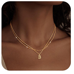 Letter B Сплав начальный кулон двухслойные ожерелья для женщин мужчин, золотые, В письме, 17.72 дюйм (45 см)
