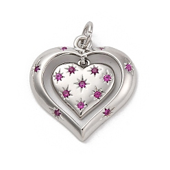 Средний Фиолетово-красный Латунные микро проложить кубического циркония подвески, долговечный, без свинца и без кадмия, платина, сердце, средне фиолетовый красный, 20.5x19.5x2.5 мм, отверстие : 3 мм