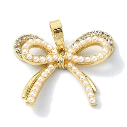 Настоящее золото 18K Подвески из кубического циркония с покрытием из латуни, с пластиковой имитационной жемчужиной, бантом, долговечный, без свинца и без кадмия, реальный 18 k позолоченный, 18.5x21x5 мм, отверстие : 3.5x5 мм