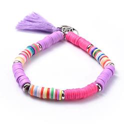 Lilac Cotton Thread Tassel Charm Bracelets, Stretch Bracelets, with Polymer Clay Heishi Beads Beads,  Flat Round Brass Bead Spacers and Tibetan Style Alloy Lotus Pendants, Lilac, 2 inch(5cm), 6mm