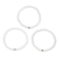 Белый 3шт. браслеты-рондели из граненого искусственного нефрита и непрозрачного стекла с эластичными бусинами для женщин, белые, внутренний диаметр: 2 дюйм (5 см)