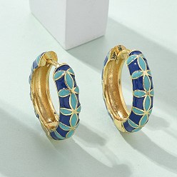Морской Синий Латунные серьги обруча, с эмалью, без свинца и без кадмия, реальный 18 k позолоченный, стойки покрытие, Marine Blue, 20x5 мм