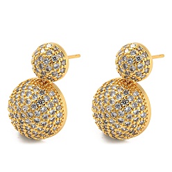 Real 18K Gold Plated Brass Micro Pave Clear Cubic Zirconia Half Round Dangle Stud Earrings, Long-Lasting Plated, Cadmium Free & Lead Free, Real 18K Gold Plated, 20.5x12.5mm