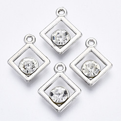 Platinum UV Plating Acrylic Pendants, with Acrylic Rhinestone, Rhombus, Platinum, 18x14.5x5mm, Hole: 1.5mm, Diagonal Length: 18mm, Side Length: 11mm