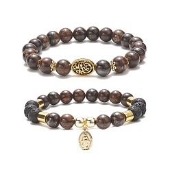 Mixed Stone 2Pcs 2 Style Dyed Natual & Synthetic Mixed Gemstone Beaded Stretch Bracelets Set, Brass Oval Charms Stackable Bracelets for Women, Inner Diameter: 2-3/8 inch(6cm), 1Pc/style