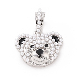 Platinum Brass Enamel Pendants, with Plastic Imitation Pearl, Bear Charm, Platinum, 20x17x5mm, Hole: 7x4.5mm