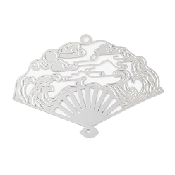 Платина Подвески из латуни, долговечный, без кадмия, без никеля и без свинца, гравированные металлические украшения, вентилятор, платина, 36.5x49.5x0.3 мм, Отверстие : 1.4 мм & 1.2 мм