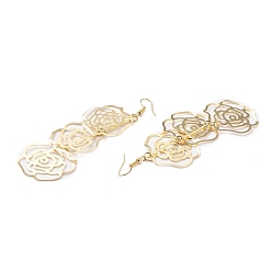 Golden Layered Hollow Rose Dangle Earrings for Girl Women, Iron Big Dangling Earrings, Golden, 96mm, Pin: 0.8mm