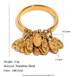 Real 18K Gold Plated 304 Stainless Steel Hammered Disc Tassel Finger Rings, Leaf, Real 18K Gold Plated, US Size 7(17.3mm)