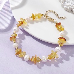 Настоящее золото 18K Браслеты из натурального янтаря, культивированного пресноводного жемчуга и латунных бусин для женщин, картофель и чипсы, реальный 18 k позолоченный, 7.64 дюйм (19.4 см)