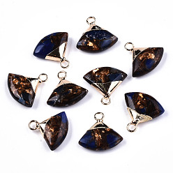 Lapis Lazuli Fan Assembled Synthetic Bronzite and Lapis Lazuli Pendants, with Iron Loop and Light Gold Plated Brass Top, 18~19x18~19x5~6mm, Hole: 2mm