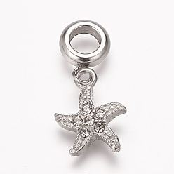 Античное Серебро 304 европейские подвесные подвески из нержавеющей стали со стразами, Подвески с большими отверстиями, морская звезда / морские звезды, античное серебро, 25 мм, отверстие : 5 мм, Кулон : 15x12x3 мм