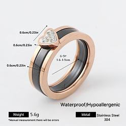 Rose Gold 304 Stainless Steel Rhinestone Finger Rings for Women, Heart, Rose Gold, 6x6mm, US Size 6(16.5mm)