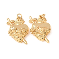 Real 18K Gold Plated Brass Pendants, Sacred Heart with Rose & Sword Charms, Rack Plating, Long-Lasting Plated, Lead Free & Cadmium Free, Real 18K Gold Plated, 26x20x7mm, Hole: 3mm