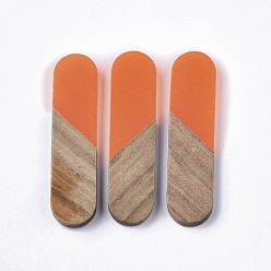 Dark Orange Transparent Resin & Walnut Wood Cabochons, Oval, Dark Orange, 45x11x3~4mm