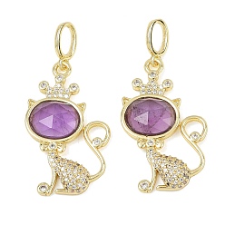 Аметист Граненые подвески из натурального аметиста, Подвески в форме кошки из латуни с микропаве из прозрачных кубических цирконий., реальный 18 k позолоченный, долговечный, стойки покрытие, 40 мм, Кулон : 30x17.5 мм, отверстие : 5.8x3.5 мм