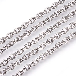 Stainless Steel Color Tarnish Resistant 201 Stainless Steel Cable Chains, Diamond Cut Chains, Unwelded, Faceted, Oval, Stainless Steel Color, 3.5mm, Links: 5x3.5x1mm