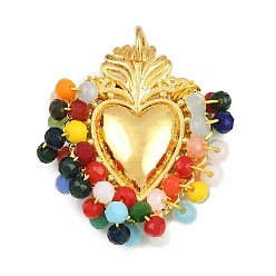 Colorful Alloy & Glass Seed Beaded Pendants, Heart Charm, Long-Lasting Plated, Rack Plating, Cadmium Free & Lead Free, with Brass Jump Ring, Golden, Colorful, 32x27x8mm, Hole: 5mm