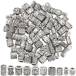 Antique Silver 100Pcs 10 Styles Tibetan Style Zinc Alloy Beads, Column, Antique Silver, 6~10x5~8mm, Hole: 2.7~6mm, 10pcs/style