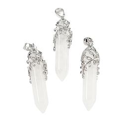 Хрусталь Природного кварца хрустальных подвесок, пулевые чары, с латунной отделкой в виде листа, без кадмия и без свинца, 44~46x11.5~12x12 мм, отверстие : 8x5 мм