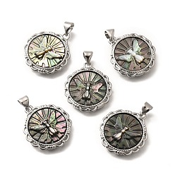 Платина Латунь с резными подвесками из натуральной ракушки, стойки покрытие, плоские круглые с бабочкой, платина, 22x19.5x3 мм, отверстие : 3x4 мм