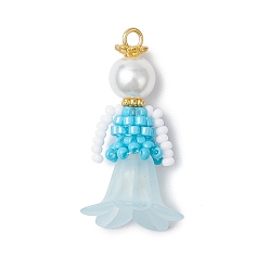 Темно-Голубой Подвески в виде цветка из стеклянного бисера, со стеклянным жемчугом и акрилом, глубокое синее небо, 33x18x17.5 мм, отверстие : 2.5 мм