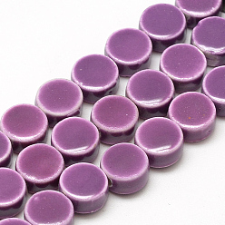 Medium Orchid Handmade Porcelain Beads, Bright Glazed Porcelain, Flat Round, Medium Orchid, 8~8.5x4~4.5mm, Hole: 2mm