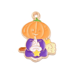 Тыква Подвески из сплава с эмалью на тему Хэллоуина, золотой свет, тыквенный узор, 25x18x1 мм, отверстие : 1.6 мм