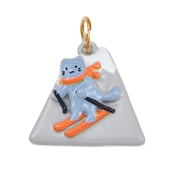 Light Steel Blue 304 Stainless Steel Pendants, Cat Shape with Skiing Charms, Real 18K Gold Plated, Light Steel Blue, 17.5x18.5x4mm, Hole: 4.5mm