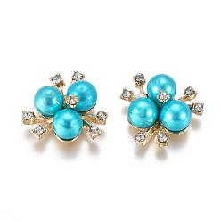 Голубой Сплав кабошонов, со стразами и искусственным жемчугом из акрила, цветок, золотой свет, голубой, 19~20x21~22x10 мм