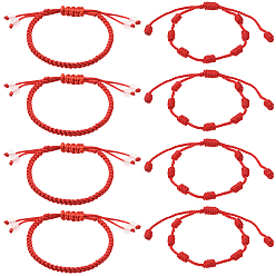 Red 12Pcs 2 Styles Braided Nylon Cord & 7 Knot Lucky Bracelet Set, with Beads, Red, Inner Diameter: 1-3/4~3-1/4 inch(4.6~8.3cm)