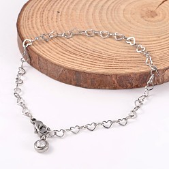 Stainless Steel Color 304 Stainless Steel Heart Link Chains Anklets, with Rhinestone Charm, Stainless Steel Color, 225mm