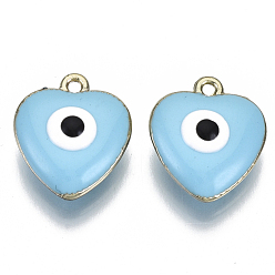 Небесно-голубой Подвески из эмали и сплава, без кадмия и без свинца, эмалированные блестки, сердце с сглаза, золотой свет, голубой, 16x14x6~7 мм, отверстие : 1.4 мм