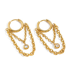 Golden 304 Stainless Steel Pave Clear Cubic Zirconia Hoop Tassel Earrings for Women, Golden, 42.2mm
