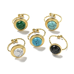 Настоящее золото 18K Ионное покрытие (ip) 304 открытые манжеты из нержавеющей стали, Кольца на круглые пальцы с синтетическим малахитом и бирюзой для женщин и мужчин, реальный 18 k позолоченный, регулируемый