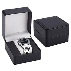 Квадрат 2 шт. коробки для хранения часов из искусственной кожи с бархатной внутренней частью, чёрные, квадратный, 10.7x10x7.3 см