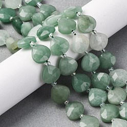 Зеленый Авантюрин Естественный зеленый авантюрин бисер нитей, граненое сердце, с бисером, 12x12x5 мм, отверстие : 1.2 мм, около 12 шт / нитка, 6.50'' (16.5 см)