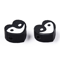 Black Handmade Polymer Clay Beads, Heart with Yin Yang, Black, 8.5x9.5x4.5mm, Hole: 1.5mm