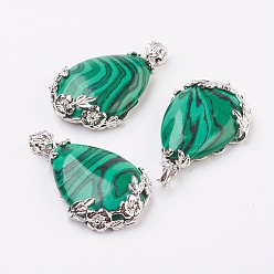 Малахит Валентина подарки идеи для парней синтетические малахитовые подвески, с латунной фурнитурой , капля, платина, 38~41x26x8 мм, отверстие : 5x4 мм