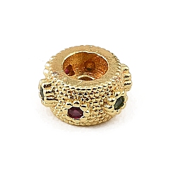 Real 18K Gold Plated Brass Micro Pave Colorful Cubic Zirconia Beads, Flat Round, Rack Plating, Long-Lasting Plated, Cadmium Free & Lead Free, Real 18K Gold Plated, 8x4.5mm, Hole: 1.5mm