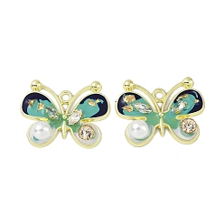 Blue Rack Plating Alloy Enamel Pendants, with Resin, ABS Imitation Pearl Beads, Rhinestone and Glass Beads, Cadmium Free & Nickel Free & Lead Free, Butterfly, Blue, 29x37.5x8mm, Hole: 2.5mm