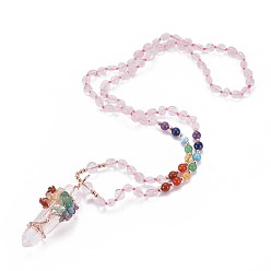 Rose Quartz Natural Rose Quartz Bead Pendant Necklaces, with Natural Mixed Stone Beads, Natural Quartz Crystal and Brass Findings, Tree, 18.11 inch(46cm)