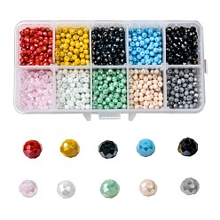 Mixed Color 10 Colors Electroplate Glass Beads, Opaque Solid Color, AB Color Plated, Faceted, Rondelle, Mixed Color, 4x3mm, Hole: 0.4mm, 10 colors, 200pcs/color, 2000pcs/box
