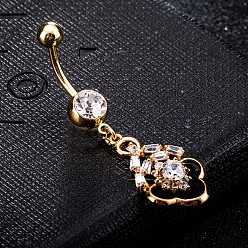 Transparent Messing Zirkonia Nabel Ring, Bauchringe, mit chirurgischem Edelstahlstab, cadmiumfrei und bleifrei, echt 18 k vergoldet, Transparent, 47x14 mm, Stangenlänge: 3/8"(10mm), Stange: 14 Spurweite(1.6mm)