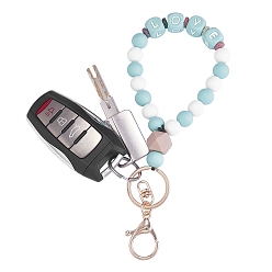 Medium Aquamarine Silicone Round Beaded Keychain Wristlet, Letter Love Natural Lava Rock Beads Keychain, with Alloy Keychain Clasps Finding, Medium Aquamarine, 20.08cm